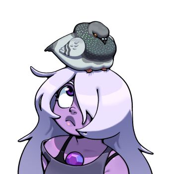 Rule 34 | 1girl, amethyst (steven universe), animal, bird, bra, bra peek, bra strap, chest jewel, colored skin, discount-supervillain, gem, gem (steven universe), hair over one eye, long hair, pigeon, purple gem, purple hair, purple skin, round nose, shirt, solo, steven universe, thick lips, underwear
