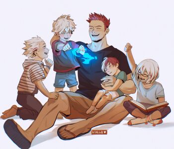 1girl 4boys absurdres aged_down alternate_universe arm_up artist_name bandaid bandaid_on_knee bandaid_on_leg barefoot black_shirt blue_eyes blue_fire blue_shirt blue_shorts blush boku_no_hero_academia book brother_and_sister brothers brown_shorts buttons capri_pants casual child clenched_hands closed_eyes commentary drawstring endeavor_(boku_no_hero_academia) english_commentary facial_hair family family_bonding father_and_daughter father_and_son fingernails fire flip-flops glowing green_shirt grey_pants happy headpat heart highres holding holding_book hood hood_down hoodie indian_style kneeling multicolored_hair multiple_boys no_shoes open_book outstretched_arm outstretched_arms paid_reward_available pants pointing pointing_at_self pom_pom_(clothes) pyrokinesis red_hair red_shirt sandals shadow shirt short_hair short_sleeves shorts siblings simple_background sitting sitting_on_lap sitting_on_person sleeping socks spiked_hair standing streaked_hair striped_clothes striped_hoodie stubble symbol-only_commentary t-shirt todoroki_fuyumi todoroki_natsuo todoroki_shoto todoroki_touya toenails two-tone_hair v-neck viria13 white_background white_hair white_legwear white_shorts