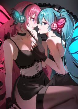 2girls absurdres aqua_hair aqua_nails bare_shoulders black_dress black_gloves black_hat blue_eyes breasts butterfly_wings cleavage collarbone dress emduck face-to-face fingerless_gloves from_side gloves hair_between_eyes hand_on_another&#039;s_cheek hand_on_another&#039;s_chest hand_on_another&#039;s_face hat hatsune_miku headphones highres imminent_kiss insect_wings lace_trim long_hair looking_at_another looking_at_viewer magnet_(vocaloid) megurine_luka mini_hat mini_top_hat multiple_girls nail_polish pink_hair profile purple_eyes sitting small_breasts top_hat underbust vocaloid wings yuri