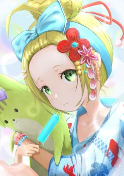 1girl absurdres ahoge alternate_hairstyle animal_print bangs_pinned_back bead_bracelet beads blonde_hair blue_bow blue_hairband blue_kimono blush bow bow_hairband bracelet closed_mouth collarbone eating fish_print floral_print flower food forehead green_eyes hair_bow hair_bun hair_flower hair_ornament hairband hairclip heaven_burns_red highres holding holding_food hugging_doll hugging_object ice_cream japanese_clothes jewelry kanzashi kimono knees_up looking_at_viewer ooshima_yotsuha pearl_bracelet popsicle print_kimono psy_(artist) red_flower short_hair single_hair_bun smile solo stuffed_animal stuffed_toy upper_body wide_sleeves yukata