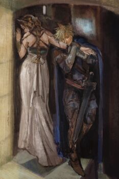 1boy 1girl aerith_gainsborough aerith_gainsborough_(loveless_dress) armor back_bow black_pants blonde_hair blue_cloak boots bow braid braided_ponytail brown_boots brown_hair canteatea chest_harness circlet cloak closed_eyes cloud_strife cloud_strife_(alphreid_costume) commentary couple crown derivative_work dress english_commentary final_fantasy final_fantasy_vii final_fantasy_vii_rebirth final_fantasy_vii_remake full_body hair_between_eyes harness hetero highres holding_another&#039;s_arm leather_armor long_dress long_hair official_alternate_costume pants parted_bangs princess_rosa_costume short_hair single_braid spiked_hair stairs sword vambraces weapon white_dress