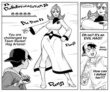 1boy 1girl absurdres ariana_(pokemon) backwards_hat bb_(baalbuddy) breasts earrings english_text ethan_(pokemon) hat high_heels highres holding holding_poke_ball jewelry large_breasts long_sleeves mature_female monochrome nervous_sweating nintendo open_mouth poke_ball pokemon pokemon_gsc pokemon_hgss sound_effects sweat team_rocket team_rocket_uniform v-shaped_eyebrows