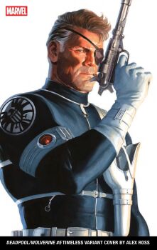 1boy alex_ross artist_name avengers_(series) black_bodysuit bodysuit brown_eyes brown_hair chest_holster comic_cover company_name copyright_name cover cover_page deadpool_(series) eyepatch gloves gun handgun highres holding holding_gun holding_weapon looking_at_viewer male_focus marvel mature_male multicolored_hair nick_fury official_art realistic short_hair solo upper_body weapon western_comics_(style) white_background white_gloves white_hair