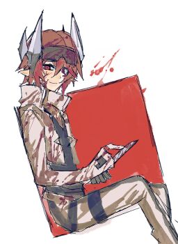 Rule 34 | 1boy, 404notfound (7817693555), aotu world, black shirt, blood, blood on body, blood on clothes, blood on face, blood on hands, blood splatter, bloody knife, closed mouth, cropped jacket, gloves, goggles, goggles on head, headgear, high collar, highres, holding, holding knife, jacket, knife, looking at viewer, male focus, multicolored gloves, oekaki, pants, pius (aotu world), pointy ears, red eyes, red hair, shirt, sitting, smile, solo, thigh strap, v-neck, white gloves, white jacket, white pants