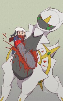 1girl 1other akari_(pokemon) arceus blood boke-chan chainsaw expressionless galaxy_expedition_team_survey_corps_uniform gen_4_pokemon guro injury legendary_pokemon long_hair mythical_pokemon nintendo pokemon pokemon_legends:_arceus power_tool simple_background size_difference twitter_username violence what