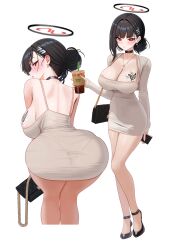 1girl absurdres alternate_costume alternate_hairstyle ass back bag black_choker black_hair black_shoes blue_archive blush bottle breast_tattoo breasts bright_pupils butterfly_tattoo choker cleavage commentary_request cosplay cup d_(killer_wife)_(nikke) d_(nikke) d_(nikke)_(cosplay) disposable_cup dongtan_dress dress drinking_straw from_behind full_body grey_dress hair_bun hair_intakes hair_ornament hairclip halo highres holding holding_bag holding_cup huge_ass jewelry large_breasts legs long_hair long_sleeves looking_at_viewer looking_back mary_janes millennium_science_school_logo mizikayo multiple_views nape necklace pantylines red_eyes rio_(blue_archive) shoes shoulder_bag sideboob single_hair_bun sparkle standing tattoo thighs white_pupils