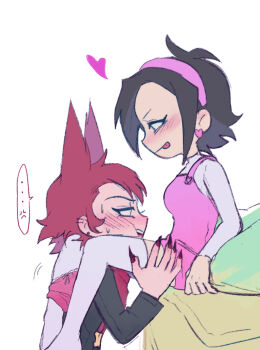 ... 2girls anger_vein artist_request black_hair blush cassandra_(newgrounds) chinese_commentary commentary_request earrings friday_night_funkin' grabbing_another's_thighs heart heart_earrings highres implied_cunnilingus jewelry leg_wrap multiple_girls nene_(newgrounds) newgrounds panties panties_around_leg red_hair short_hair simple_background spoken_anger_vein sweat tongue tongue_out underwear white_background white_eyes yuri