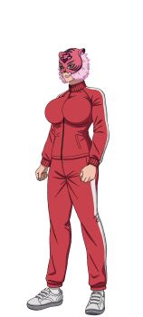 1girl aikawa_maki blue_eyes breasts facing_to_the_side full_body highres huge_breasts jacket mask official_art pants pink_mask red_jacket red_pants red_track_suit shoes sneakers socks solo tiger_mask_(object) tiger_master toujima_tanzaburou_wa_kamen_rider_ni_naritai track_jacket track_pants track_suit transparent_background white_shoes white_socks