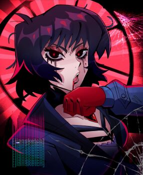 bellhop_uniform black_coat black_eyes black_eyeshadow black_hair blood blood_from_mouth broken_glass coat deadlock_(game) eyeliner eyeshadow fangs glass gloves highres jiansketch looking_at_viewer makeup mascara messy_hair mina_(deadlock) necktie red-eye_effect red_background red_gloves red_necktie runny_makeup short_hair signature vampire