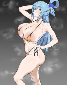 1girl alternate_breast_size_(larger) aqua_(konosuba) areola_slip arm_behind_head arm_up bare_arms bare_legs bare_shoulders bikini blue_eyes blue_hair blush breasts closed_mouth collarbone commentary_request commission contrapposto feet_out_of_frame from_side gradient_background grey_background hair_between_eyes hair_ornament hair_rings half-closed_eyes halterneck hand_on_own_hip highres huge_breasts kono_subarashii_sekai_ni_shukufuku_wo! large_areolae long_hair looking_at_viewer looking_to_the_side micro_bikini navel orange_bikini pixiv_commission side-tie_bikini_bottom sideways_glance smirk sochin_douji solo sphere_hair_ornament standing steaming_body stomach string_bikini sweat swimsuit very_long_hair