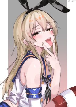 1girl black_hairband black_neckerchief blonde_hair blue_sailor_collar blue_skirt commentary_request crop_top elbow_gloves gloves gradient_background grey_background grey_eyes hairband highres kantai_collection long_hair microskirt miron_(mirona33) neckerchief sailor_collar shimakaze_(kancolle) shirt single_glove sitting skirt sleeveless sleeveless_shirt solo striped_clothes striped_thighhighs thighhighs tongue tongue_out upper_body white_gloves