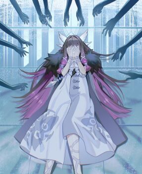 1girl 6+others big_itachi black_hair bow coat columbina_(genshin_impact) commentary covering_face eye_mask fatui_coat fatui_logo feet_out_of_frame fur-trimmed_coat fur_trim genshin_impact hair_intakes hair_ribbon hands_on_own_face head_wings long_hair lying mask multicolored_hair multiple_others on_back on_floor pink_hair ribbon solo_focus two-tone_hair white_bow white_ribbon white_wings wings wrist_bow