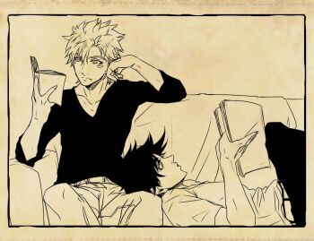 2boys alternate_costume animated animated_gif barefoot battle_tendency blanket caesar_anthonio_zeppeli contemporary controller couch hug jojo_no_kimyou_na_bouken joseph_joestar joseph_joestar_(young) lap_pillow lying male_focus md5_mismatch monochrome multiple_boys newspaper reading remote_control sitting sleeping yaoi zino