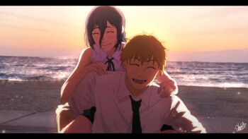 1boy 1girl beach black_hair black_necktie blonde_hair carrying chainsaw_man closed_eyes closed_mouth collared_shirt commentary denji_(chainsaw_man) evening hair_between_eyes hetero highres horizon laillnii letterboxed long_hair_between_eyes necktie ocean open_mouth outdoors photo_background piggyback reze_(chainsaw_man) shirt shore short_hair signature sky sleeveless sleeveless_shirt smile water white_shirt
