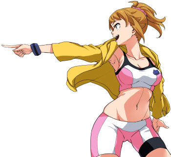 1girl absurdres atamadarurun bike_shorts blue_eyes breasts brown_hair cleavage collarbone commentary_request gundam gundam_build_fighters gundam_build_fighters_try highres hoshino_fumina jacket knees_out_of_frame looking_to_the_side medium_breasts midriff navel open_clothes open_jacket open_mouth outstretched_arm pink_sports_bra pointing pointing_to_the_side ponytail scrunchie sidelocks simple_background smile solo sports_bra standing stomach two-tone_sports_bra white_background wristband yellow_jacket