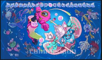 Rule 34 | 3girls, 765 nanami, amphimon, ariemon, armor, blue skin, chibi, colored skin, commission, digimon, digimon (creature), digimon card game, dukemon, dukemon x-antibody, evolutionary line, helmet, holding, holding staff, japanese clothes, jellymon, kimono, marinangemon, marinbullmon, marinchimairamon, metalseadramon, multiple girls, one eye closed, open mouth, pink armor, pink helmet, pink kimono, plesiomon, puyomon, puyoyomon, rukamon, ryugumon, sangomon, shellmon, staff, underwater, zudomon