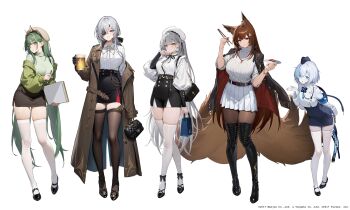 5girls absurdres amagi_(azur_lane) animal_ears arm_behind_back azur_lane bag beer_mug beret black_boots black_gloves black_jacket black_shoes black_skirt black_thighhighs blue_hair boots brown_coat brown_hair brown_pantyhose casual chopsticks closed_mouth coat collared_shirt commentary_request cup eyepatch fox_ears fox_girl fox_tail fritz_rumey_(azur_lane) gloves green_eyes green_hair grey_hair hand_up hat high_heels highres holding holding_bag holding_chopsticks holding_cup holding_pen jacket jacket_on_shoulders kikimi long_hair looking_at_viewer mug multiple_girls official_art open_clothes open_coat pale_skin pantyhose parted_lips pen raffaello_(azur_lane) red_eyes scylla_(azur_lane) shirt shoes short_hair simple_background single_off_shoulder skirt sleeves_rolled_up smile standing sweater symbol-shaped_pupils tail tb_(azur_lane) thigh_boots thighhighs turtleneck turtleneck_sweater very_long_hair white_background white_shirt white_skirt white_thighhighs