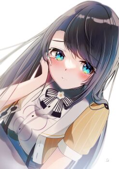 Rule 34 | 1girl, absurdres, artist name, black bow, black bowtie, black hair, blue eyes, blush, bow, bowtie, brooch, center frills, closed mouth, corset, cropped jacket, emutakanoe, flower brooch, frilled shirt, frills, grey corset, hand on own face, highres, hololive, jacket, jewelry, long hair, looking at viewer, oozora subaru, oozora subaru (starlight), open clothes, open jacket, orange jacket, pinstripe jacket, pinstripe pattern, shirt, short-sleeved jacket, short sleeves, signature, solo, striped bow, striped bowtie, striped clothes, suspenders, swept bangs, underbust, virtual youtuber, white background, white bow, white bowtie, white shirt