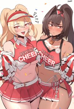 2girls absurdres ahoge artist_name asymmetrical_docking averting_eyes badge bare_shoulders bay_(nikke) belt belt_buckle black_choker black_collar black_hair black_hairband blonde_hair blush breast_press breasts brown_background brown_eyes buckle button_badge carcass_(artist) cheerleader choker clay_(nikke) closed_mouth clothes_writing collar collarbone collared_shirt commentary_request confetti cowboy_shot crop_top dark-skinned_female dark_skin facial_mark fang fang_out goddess_of_victory:_nikke hair_between_eyes hair_intakes hair_ornament hairband hairclip hand_up high_ponytail highleg highleg_panties highres holding holding_pom_poms korean_commentary large_breasts lock long_hair looking_down looking_to_the_side midriff miniskirt mole mole_on_breast multiple_girls navel notice_lines open_mouth padlock padlocked_collar panties panty_straps pleated_skirt pom_pom_(cheerleading) pom_poms ponytail red_eyes red_hairband red_shirt red_skirt see-through_clothes shirt side-by-side side-tie_panties side_slit sideboob sideways_glance skirt smile standing star_(symbol) star_facial_mark stomach sweat two-tone_background two-tone_hairband two-tone_shirt two_side_up underboob underwear very_long_hair visor_cap whistle whistle_around_neck white_background white_belt white_panties white_shirt