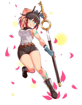 1girl azure_striker_gunvolt azure_striker_gunvolt_3 black_boots blue_eyes body_markings boots breasts brown_hair cherry_blossoms cougar cougar_(cougar1404) kirin_(gunvolt) multicolored_hair pink_hair short_pants sideboob sword tagme weapon