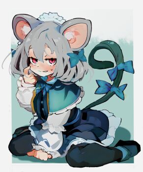 1girl adapted_costume animal_ears blush commentary_request full_body gothic_lolita grey_hair half-closed_eyes highres jitome lolita_fashion mouse_ears mouse_tail nazrin pantyhose red_eyes revision sitting solo tail touhou wariza yoshiyuki_(14330975)