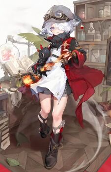 1boy absurdres bomb duet_night_abyss explosive full_body grey_eyes hat highres male_focus medium_hair oliver_(duet_night_abyss) serious shirt shorts white_hair white_shirt