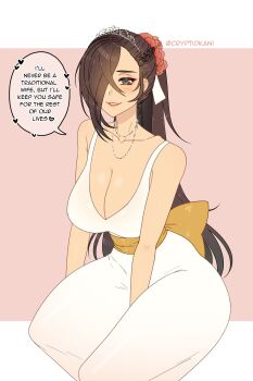 1girl absurdres bare_arms bare_back bare_shoulders bow breasts bride cleavage cryptid_crab dress fire_emblem fire_emblem_fates fire_emblem_heroes highres jewelry kagero_(fire_emblem) large_breasts long_hair necklace nintendo one_eye_covered seiza sitting tiara watermark wedding_dress yellow_bow