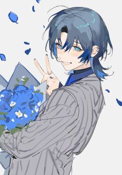 1girl akmizuk blue_eyes blue_hair blue_nails grey_jacket hair_between_eyes highres hiodoshi_ao hiodoshi_ao_(1st_costume) hololive hololive_dev_is jacket jewelry long_hair medium_hair nail_polish parted_bangs ring simple_background upper_body virtual_graduation_commemoration virtual_youtuber white_background