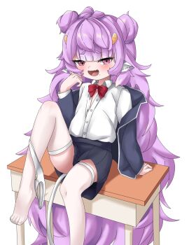 1girl animal_ears blazer blush bow bowtie collared_shirt cow_ears cow_tail desk double_bun dress_shirt equus_ignis fang feet hair_bun highres horns jacket leg_up loli long_hair looking_at_viewer messy_hair mesugaki mole muu_muyu open_mouth panties panties_around_leg partially_unbuttoned phase_connect pink_eyes purple_hair school_desk school_uniform shirt sitting skin_fang skirt solo tail thighhighs unbuttoned unbuttoned_shirt underwear unworn_panties virtual_youtuber white_background