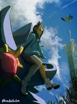 1girl blue_hoodie bo_(bouillustration) closed_mouth cloud commentary_request day emolga from_below gen_1_pokemon gen_5_pokemon grass hair_ornament highres hood hood_down hoodie leggings lida_(pokemon) long_hair long_sleeves mega_starmie nintendo outdoors pokemon pokemon_(creature) pokemon_legends:_z-a ribbed_socks riding riding_pokemon shoes sky smile socks starmie topknot white_shoes white_socks