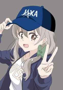 1girl bow collarbone dot_nose feet_out_of_frame female_focus grey_background grey_hair hair_between_eyes hair_bow hat jaxa koisuru_asteroid long_hair long_sleeves looking_at_viewer mole mole_under_eye morino_mari open_mouth qb_(qb46311027) shirt simple_background solo standing t-shirt v