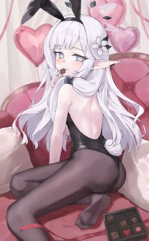 Rule 34 | 1girl, absurdres, alternate costume, animal ear hairband, animal ears, ass, back, balloon, bare back, black hairband, black leotard, black pantyhose, blue archive, blunt bangs, blush, chocolate, closed mouth, commentary, couch, earclip, eyelashes, fake animal ears, feet, flower, food, food in mouth, foot out of frame, from behind, grey eyes, hair flower, hair ornament, hair over shoulder, hair tubes, hairband, halo, hand up, heart, heart balloon, highleg, highleg leotard, highres, himari (blue archive), holding, holding food, indoors, leotard, long hair, long pointy ears, looking at viewer, looking back, mole, mole under eye, no shoes, on couch, pantyhose, playboy bunny, pointy ears, rabbit ear hairband, rabbit ears, sitting, smile, soles, solo, toes, tsurime, very long hair, white flower, white hair, white halo, yokozuwari, yoshiharu auf