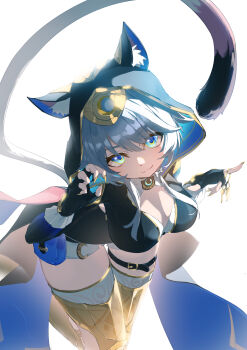 Rule 34 | 1girl, :3, absurdres, animal ear fluff, animal ears, animal hood, blue eyes, boots, bow, breasts, cat ears, cat girl, cat hood, cat tail, cipher (honkai: star rail), cleavage, commentary, crescent, curled fingers, fingernails, grey hair, highres, honkai: star rail, honkai (series), hood, key, leotard, looking at viewer, medium breasts, naegi (naegifutaba), nail polish, pouch, sharp fingernails, tail, thigh boots, thigh strap, thighs, v-shaped eyebrows, white background