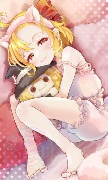 1girl ahoge alternate_costume animal_ear_hairband animal_ears asymmetrical_bangs bare_legs barefoot blonde_hair bloomers blush cat_ear_hairband cat_ears character_doll commentary_request crop_top doll fake_animal_ears fingernails forehead fur_hairband hair_ribbon hairband highres hugging_doll hugging_object kirisame_marisa knees_up loungewear nail_polish orange_eyes orange_ribbon partial_commentary ribbon rumia sakuyabm sitting smile solo strap_slip toenail_polish toenails toes touhou underwear underwear_only watermark white_bloomers