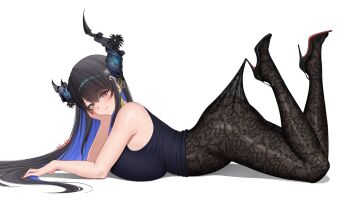 1girl alternate_costume arched_back ass asymmetrical_horns bare_shoulders black_hair black_pantyhose black_shoes black_sweater blue_hair bodystocking breasts cleavage colored_inner_hair commentary demon_horns dino_tokino feet_up floral_print flower from_side hair_ornament head_rest high-waist_pantyhose high_heels highres hololive hololive_english hooked_on_heel horn_flower horns huge_breasts lace lace_bodysuit lace_pantyhose lace_pantyhose_hooked_on_heel_(meme) large_breasts long_hair looking_at_viewer lying meme mole mole_under_eye multicolored_hair nerissa_ravencroft on_stomach open-toe_shoes pantyhose pantyhose_only pantyhose_tug red_eyes see-through_pantyhose shoes simple_background smile solo stiletto_heels strappy_heels sweater symbol-only_commentary the_pose two-tone_hair uneven_horns very_long_hair virtual_youtuber white_background