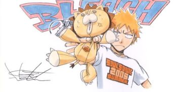 Rule 34 | 2005, 2boys, artist name, bleach, closed mouth, copyright name, jewelry, kon (bleach), kubo tite, kurosaki ichigo, microphone, multiple boys, necklace, official art, orange hair, shirt, short hair, simple background, spiked hair, stuffed animal, stuffed lion, stuffed toy, upper body, white background