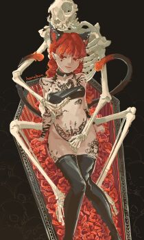 1girl absurdres animal_collar animal_ears animal_skeleton baphomet_(mythology) black_background black_bra black_panties black_thighhighs bra braid breasts cat_ears chest_tattoo coffin collar crescent crescent_tattoo ear_piercing flower grabbing_another&#039;s_breast groping haru_bun highleg highleg_panties highres inverted_cross_earrings kaenbyou_rin multiple_tails nekomata panties pentagram pentagram_tattoo piercing pubic_tattoo red_eyes red_flower red_hair red_rose rose skeleton skull_tattoo small_breasts smug snake_tattoo star_(symbol) star_tattoo stomach_tattoo sword_tattoo tail tattoo thighhighs touhou twin_braids two_tails underwear variant_set