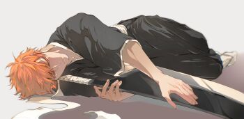 Rule 34 | 1boy, bandaged weapon, black hakama, black kimono, bleach, closed mouth, commentary, hakama, highres, holding, holding weapon, invisible floor, japanese clothes, kimono, kurosaki ichigo, looking at viewer, lying, male focus, on floor, on side, orange eyes, orange hair, peppertea, sandals, short hair, solo, symbol-only commentary, weapon, zanpakutou