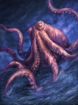 absurdres fog giant giant_monster highres horizontal_pupils kaiju looking_at_viewer monster night no_humans ocean octopus rain robuja sea_monster splashing storm sudar tentacles tsuburaya_productions ultra_q ultra_series water yellow_eyes