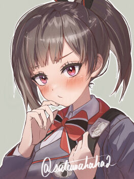 Rule 34 | 1girl, artist name, breasts, brown hair, closed mouth, collared shirt, commentary request, goddess of victory: nikke, grey background, highres, large breasts, light blush, long hair, long sleeves, looking at viewer, red eyes, sata (satawahaha), school uniform, shirt, simple background, solo, upper body, white shirt, zwei (nikke)