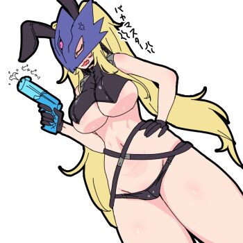 1girl anger_vein animal_ears annoyed beelstarmon blonde_hair breasts closed_eyes digimon digimon_(creature) fake_animal_ears fake_bunny_ears female_focus gerusyu hand_on_own_hip highres holding holding_water_gun holding_weapon japanese_text large_breasts long_hair mask open_mouth shiny_skin simple_background solo solo_focus standing thighs third_eye underboob water_gun weapon white_background