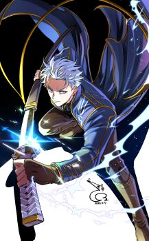 1boy absurdres baehee5502 blue_coat blue_eyes closed_mouth coat commentary_request devil_may_cry devil_may_cry_(series) devil_may_cry_3 fingerless_gloves gloves hair_slicked_back highres holding holding_sword holding_weapon katana korean_commentary looking_at_viewer male_focus short_hair solo sword vergil_(devil_may_cry) weapon white_hair yamato_(sword)