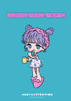 1girl bare_arms bare_shoulders blue_background blue_eyes brushing_teeth chibi commentary cup dated double_bun dress english_commentary english_text full_body hair_bun highres holding holding_cup holding_toothbrush looking_at_viewer mug neki_(wakiko) original purple_dress purple_hair simple_background sleeveless sleeveless_dress solo toothbrush twitter_username