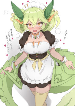 1girl black_dress blush breasts closed_mouth collarbone commentary_request cowboy_shot dragon_girl dragon_horns dragon_tail dragon_wings dress duel_monster gem green_gem green_hair green_tail green_wings heart highres horns large_breasts low_wings maid maid_headdress pandouble71781 parlor_dragonmaid simple_background solo tail translation_request twintails white_background wings yellow_eyes yu-gi-oh!