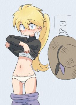 1girl black_ribbon black_sweater blonde_hair blue_eyes blush bra commentary_request gluteal_fold hair_between_eyes hat hat_ribbon lifting_own_clothes long_hair loose_hair_strand low_ponytail nintendo panties pants paper_texture pokemon pokemon_adventures ponytail ribbon sagami_sagari solo straw_hat sweat sweatdrop sweater training_bra underwear undressing unworn_hat unworn_headwear white_panties yellow_(pokemon)