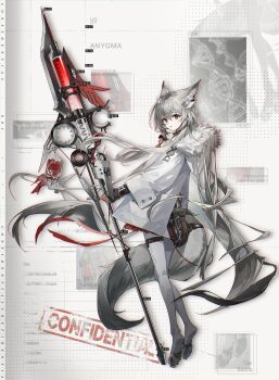 1girl absurdres animal_ears blood commentary ear_tag garter_belt grey_hair highres holster name_tag original polearm red_eyes spear symbol-only_commentary syringe tail thigh_holster thighhighs weapon white_thighhighs wolf wolf_ears wolf_girl wolf_tail xing_(gloryxing)