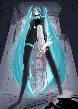 1girl absurdres aqua_hair breasts commentary cosplay elster_(signalis) elster_(signalis)_(cosplay) english_commentary gun hatsune_miku head_tilt highres holding holding_gun holding_weapon laser_pointer long_hair looking_at_viewer mechanical_legs robot_girl sakotano signalis solo standing twintails very_long_hair vocaloid weapon