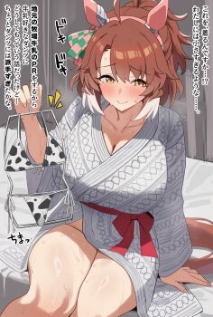 1girl absurdres animal_ears animal_print bikini blush bow breasts brown_eyes brown_hair cleavage closed_mouth clothes_hanger collarbone cow_print cow_print_bikini dantsu_flame_(umamusume) ear_ribbon ekkusuren grey_kimono highres holding holding_clothes_hanger horse_ears horse_girl horse_tail japanese_clothes kimono large_breasts looking_at_viewer micro_bikini no_panties obi print_bikini sash shiny_skin short_hair sitting smile solo sweat swimsuit swimsuit_hanger tail umamusume