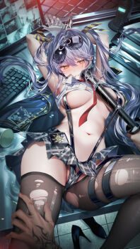 1boy 1girl @_@ absurdres aqua_hair armpits arms_up azur_lane baton_(weapon) black_skirt black_slingshot_swimsuit blush bound bound_wrists breasts chain-link_fence clothes_lift commentary_request computer computer_keyboard cuffs cup desk disposable_cup essex_(azur_lane) eyewear_on_head fence grey_skirt hair_between_eyes hand_on_another&#039;s_thigh hand_tattoo handcuffs high_heels highres holding_baton junpaku_karen large_breasts long_hair lying microskirt monitor navel necktie on_back on_desk on_table pill plaid_clothes plaid_skirt red_necktie shirt shirt_lift shoes sitting skindentation skirt sleeveless sleeveless_shirt slingshot_swimsuit spill stomach sunglasses swimsuit swimsuit_under_clothes table tattoo thick_thighs thighhighs thighs torn_clothes torn_thighhighs twintails underboob unworn_shoes very_long_hair walkie-talkie water weapon wet white_shirt you_gonna_get_raped