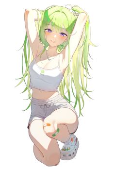 Rule 34 | 1girl, absurdres, armpits, arms behind head, arms up, bandaid, bandaid on knee, bandaid on leg, bare arms, bare shoulders, breasts, camisole, cleavage, commentary request, crocs, crop top, crop top overhang, dolphin shorts, drawstring, green hair, grey shorts, grin, hair ornament, hairclip, high-waist shorts, highres, jewelry, korean commentary, long hair, looking at viewer, medium breasts, midriff, multicolored hair, necklace, on one knee, one side up, pom pom (clothes), pom pom hair ornament, purple eyes, sanis2 s, shirt, short shorts, shorts, simple background, sleeveless, sleeveless shirt, smile, socks, solo, spaghetti strap, stellive, streaked hair, thighs, virtual youtuber, white background, white shirt, white socks, yuzuha riko